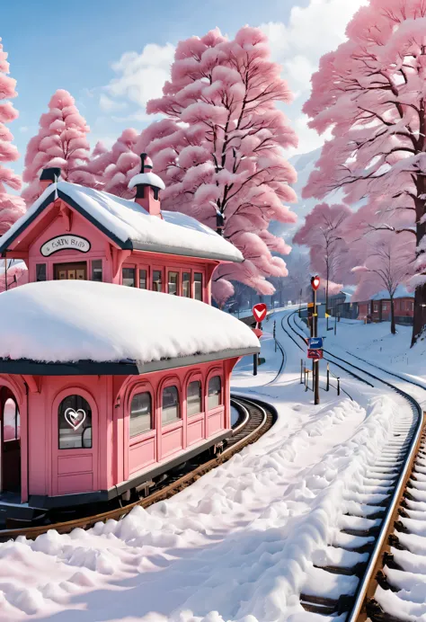 a beautiful station, snow scene (There is a warm pink station building on the roadside), (A heart-shaped station sign stuck in t...