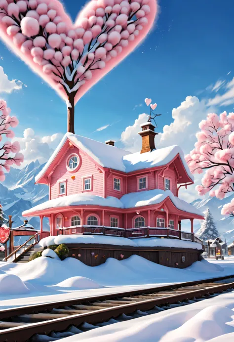 Scene design, a beautiful station (Train tracks stretch to the sky: 0.85), cloud, snow scene, (Warm pink station building), (Hea...