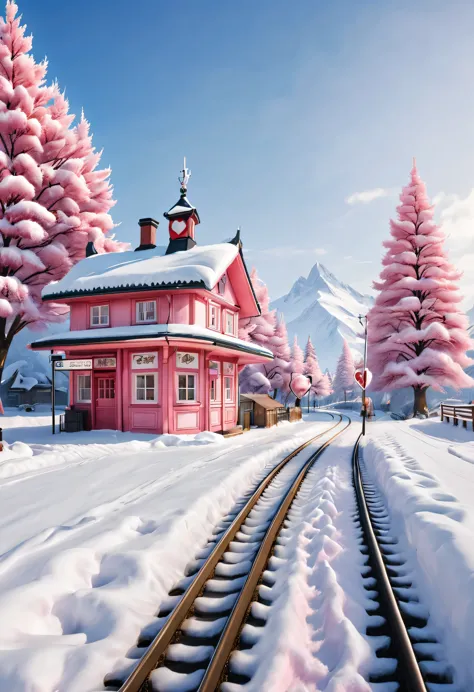 a beautiful station, snow scene (There is a warm pink station building on the roadside), (A heart-shaped station sign stuck in t...