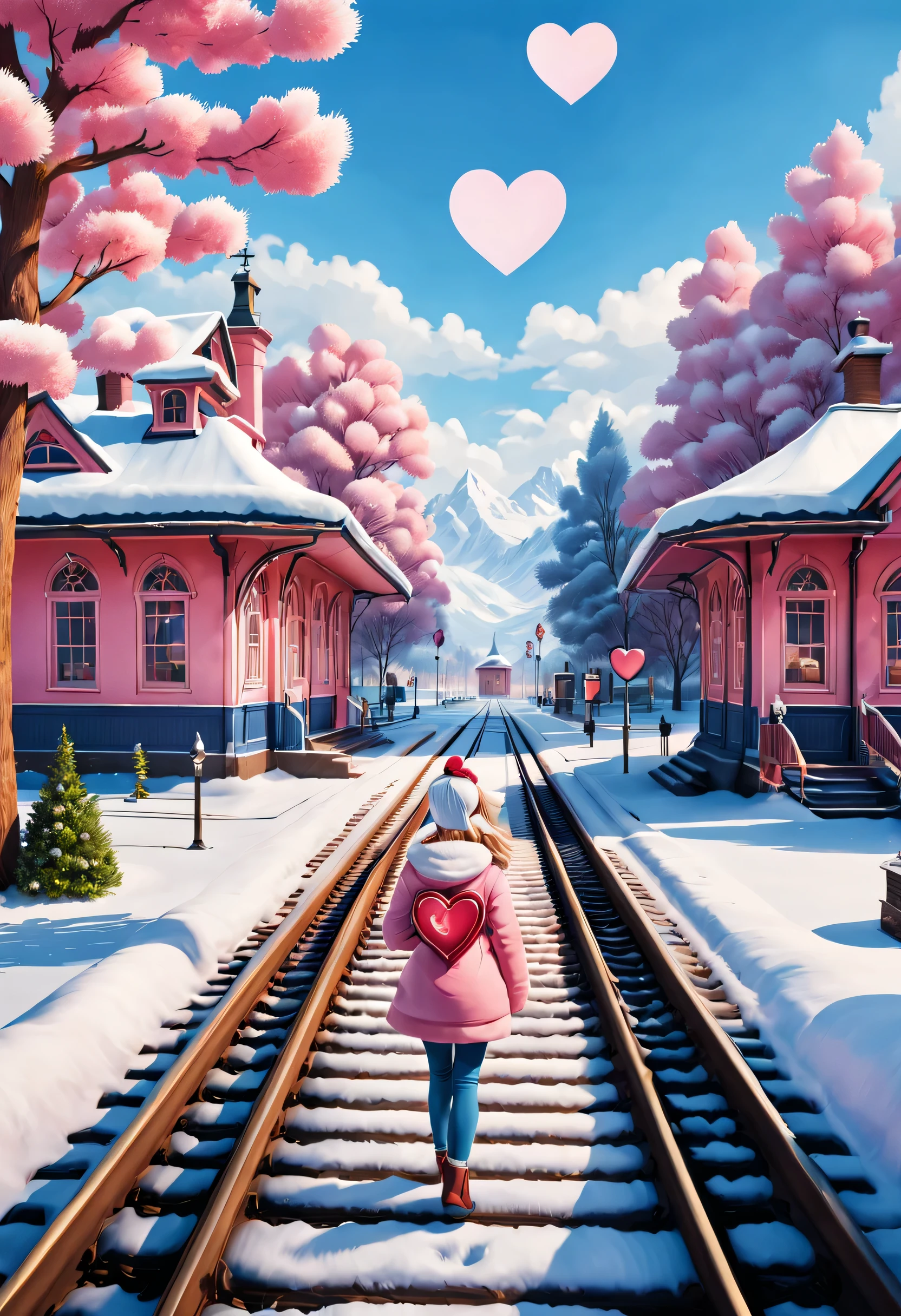 Fauvist style,, Beautiful and meticulous，beautiful train station，With snow scene and train tracks (There is a small warm pink station on the roadside), There&#39;s a giant heart-shaped station sign and a heart-shaped love tree. There are warm little station buildings on both sides of the stop sign., There is thick snow. There is a super wide-angle lens on the front, 8k, Ultra-clear, actual, Romantic, And look forward to the back view of the cartoon  in blue clothes, Create a heavenly atmosphere,