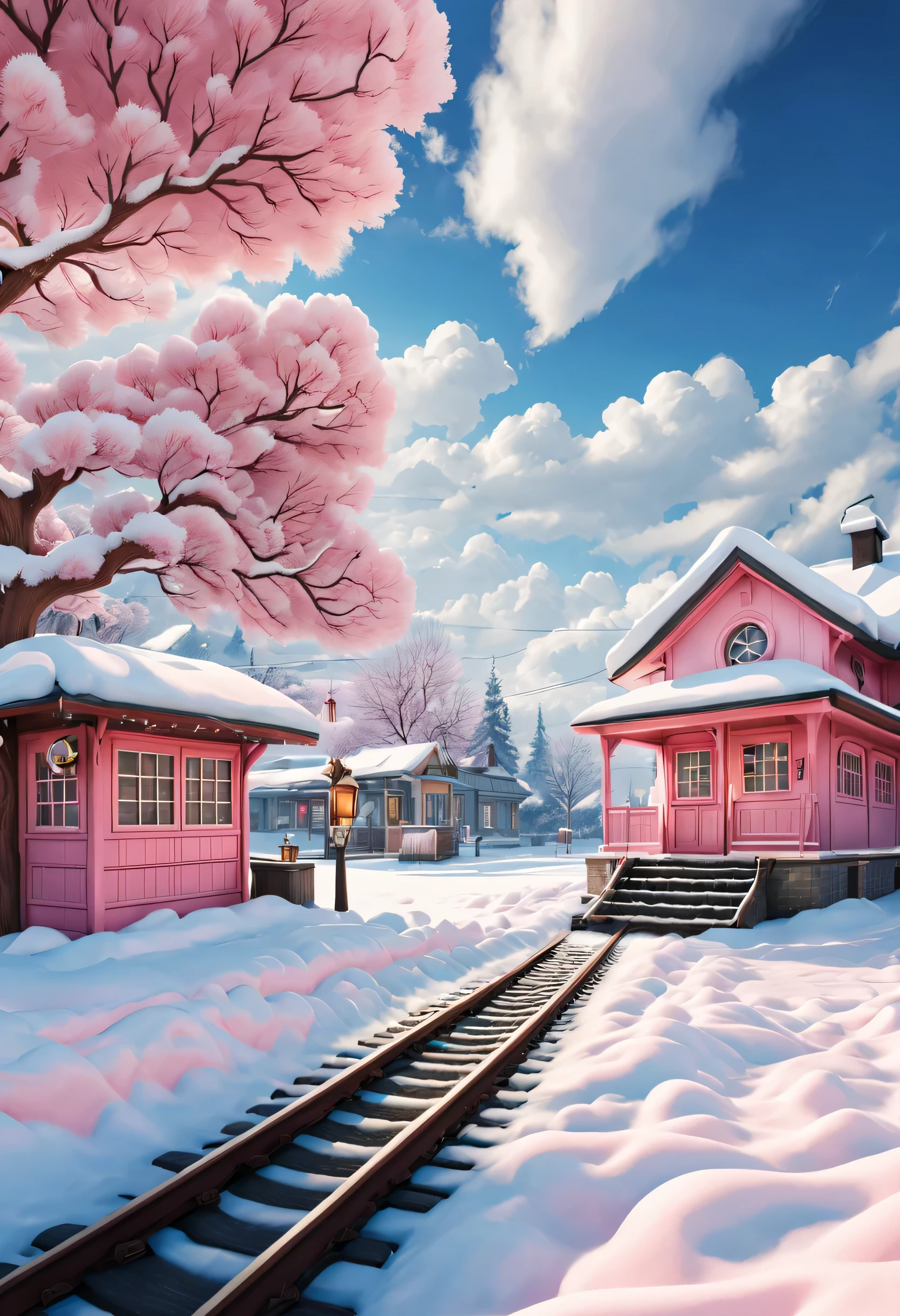 Scene design, a beautiful station (Train tracks stretch to the sky: 0.85), cloud, snow scene, (Warm pink station building), (Station sign inserted in the snow: 0.65), heart shaped love tree, Warm little station buildings on both sides of the signboard, thick snow, Front view, ultra wide angle lens, 8k, Ultra-clear, true, Romantic, heavenly atmosphere, fantasy,