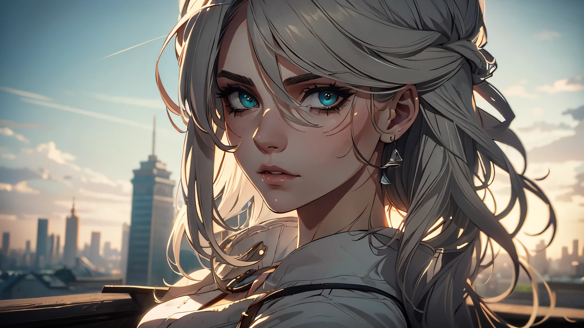 Ultra-detalhado, fotorrealista (melhor qualidade:1.2) Retrato de uma mulher( Ciri de The Witcher3) com cabelos brancos. Seus olhos expressivos olham diretamente para o espectador, revelando uma profundidade de emoção. Ela tem uma figura magra e seios de tamanho médio, exalando um charme delicado e elegante. Seus longos cachos soprados pelo vento caem em cascata pelas costas, adicionando uma sensação de movimento à composição. O fundo apresenta um telhado com vista para a paisagem urbana, criando uma atmosfera urbana. A iluminação é suave, lançando sombras suaves em suas feições e enfatizando as complexidades de seu rosto. A paleta de cores consiste em tons suaves, com notas de azuis frios e cinzas suaves. Esta obra de arte exibe um alto nível de detalhe e realismo, capturando a essência do assunto com precisão.