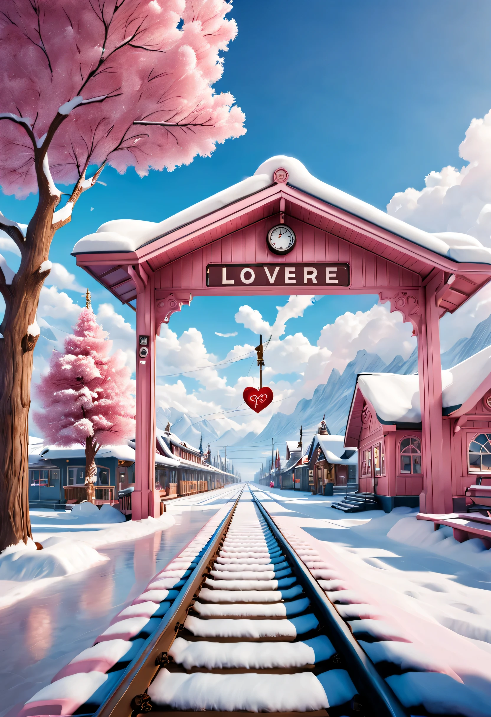 Scene design, a beautiful station (Train tracks stretch to the sky: 0.85), cloud, snow scene, (Warm pink station building), "TRAIN STATION" Letter logo (A station sign stuck in the snow: 0.65), heart shaped love tree, Warm little station buildings on both sides of the signboard, thick snow, Front view, ultra wide angle lens, 8k, Ultra-clear, true, Romantic, heavenly atmosphere, fantasy,