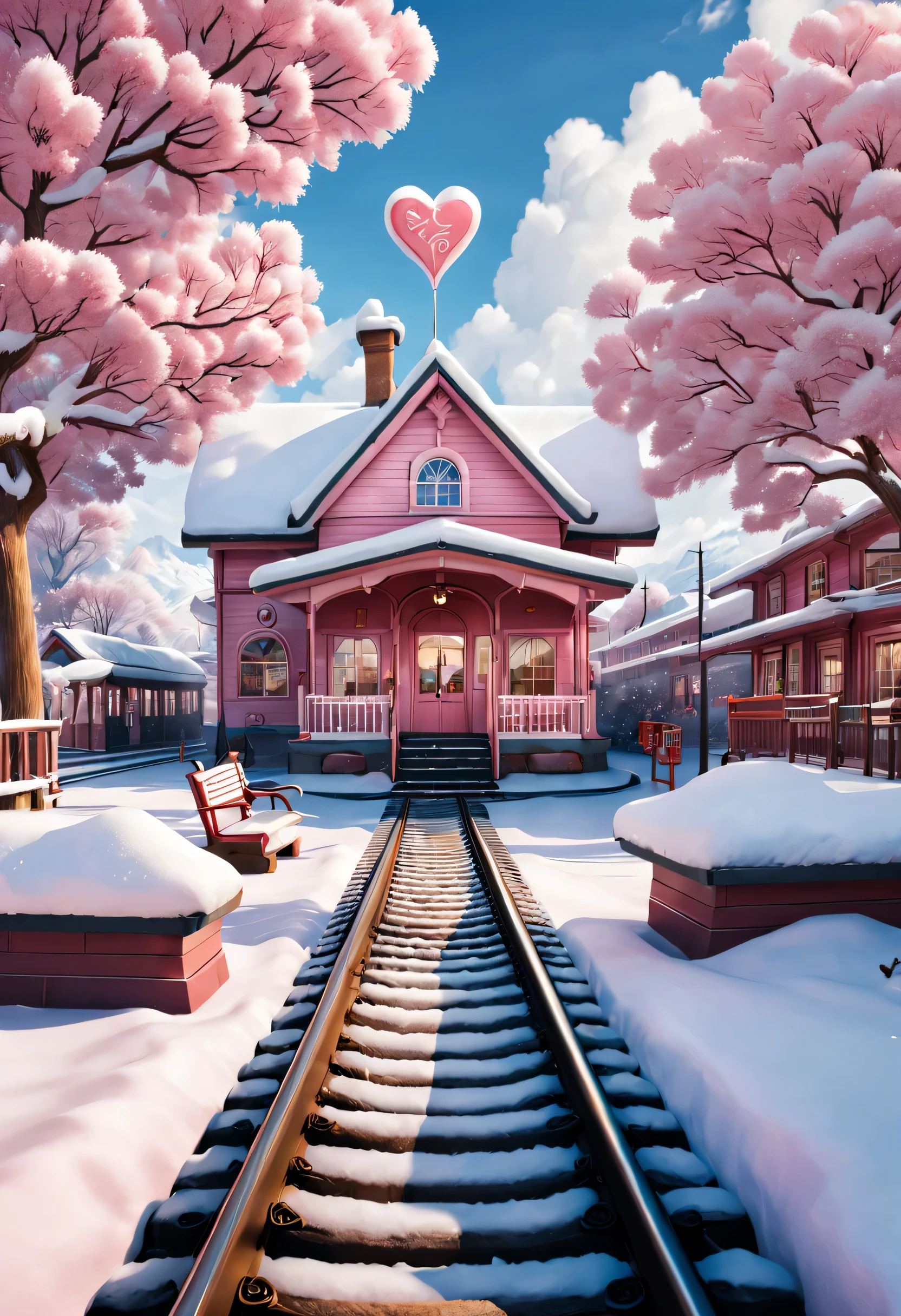 Scene design, a beautiful station (Train tracks stretch to the sky: 0.85), cloud, snow scene, (Warm pink station building), "TRAIN STATION" Letter logo (A station sign stuck in the snow: 0.65), heart shaped love tree, Warm little station buildings on both sides of the signboard, thick snow, Front view, ultra wide angle lens, 8k, Ultra-clear, true, Romantic, heavenly atmosphere, fantasy,