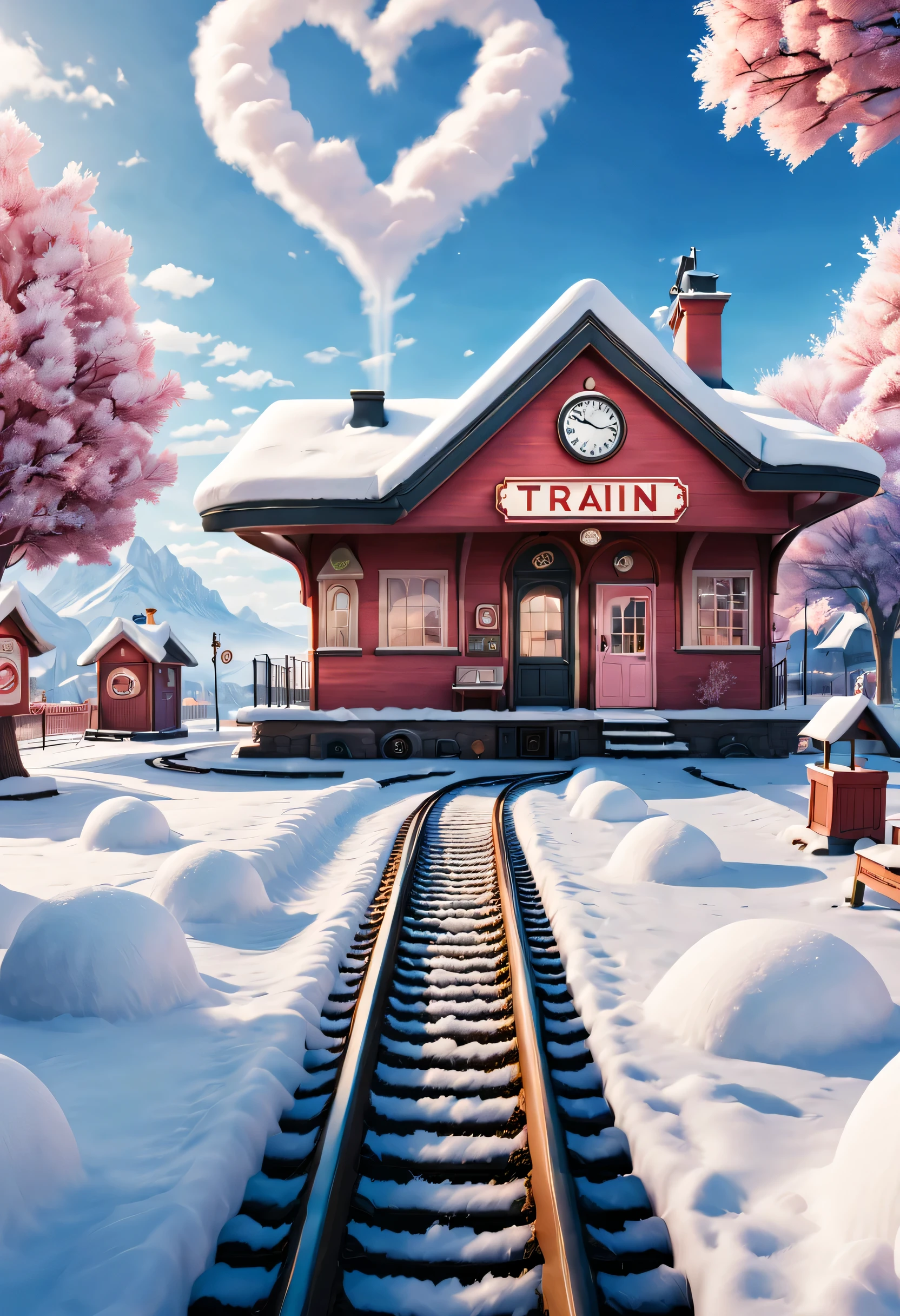 Scene design, a beautiful station (Train tracks extend from the ground to the sky: 0.85), cloud, snow scene, (Warm pink station building: 0.65), "TRAIN STATION" Letter logo (A station sign stuck in the snow: 0.65), heart shaped love tree, Warm little station buildings on both sides of the signboard, thick snow, Front view, ultra wide angle lens, 8k, Ultra-clear, true, Romantic, heavenly atmosphere, fantasy,