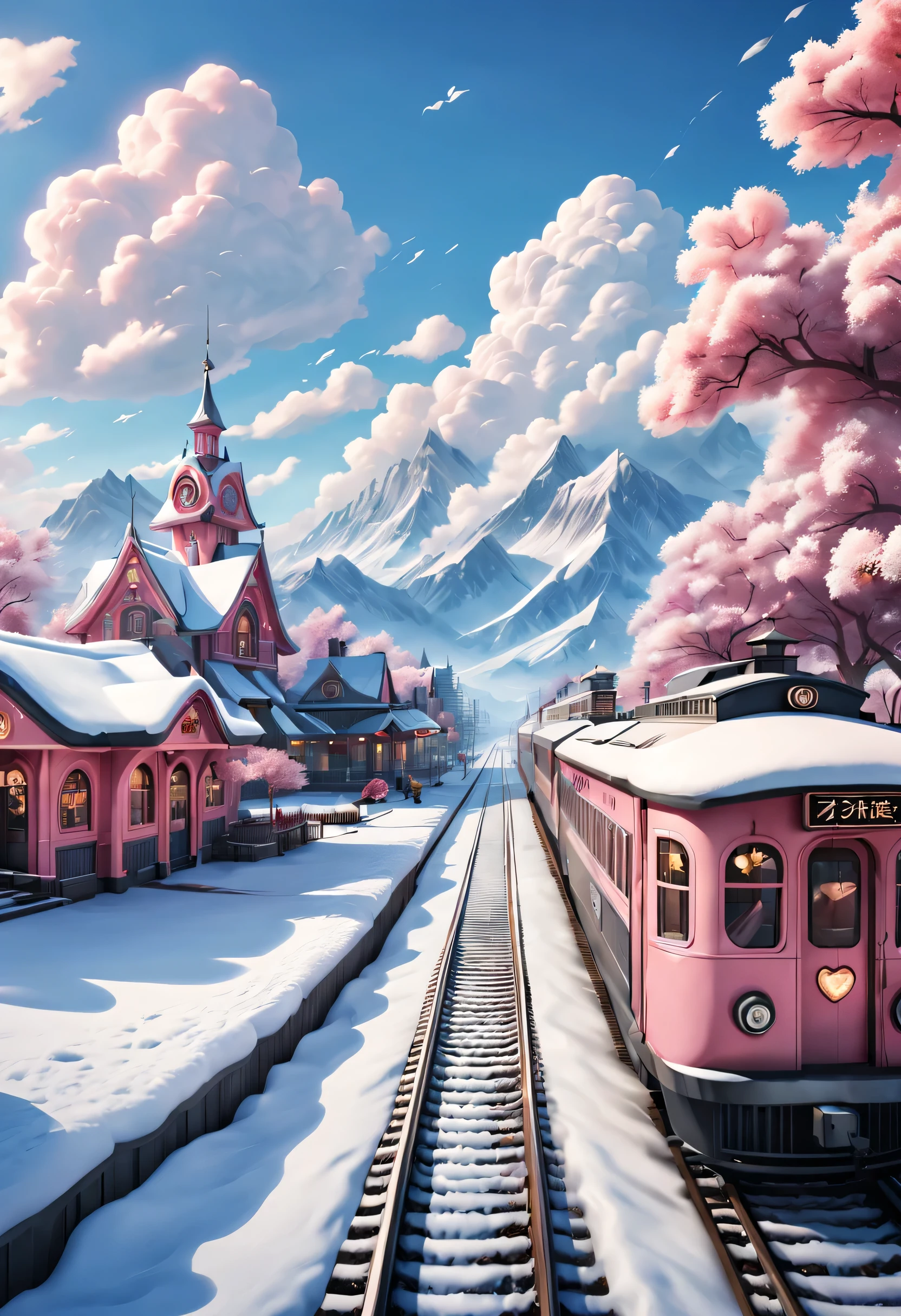 Scene design, Very unified CG design, a beautiful station (Floating train tracks stretch from ground to sky: 0.85), cloud, snow scene, (Warm pink station building: 0.98), "TRAIN STATION" Letter logo (A station sign stuck in the snow: 0.65), heart shaped love tree, Warm little station buildings on both sides of the signboard, thick snow, Front view, ultra wide angle lens, 8k, Ultra-clear, actual, Romantic, heavenly atmosphere, fantasy,