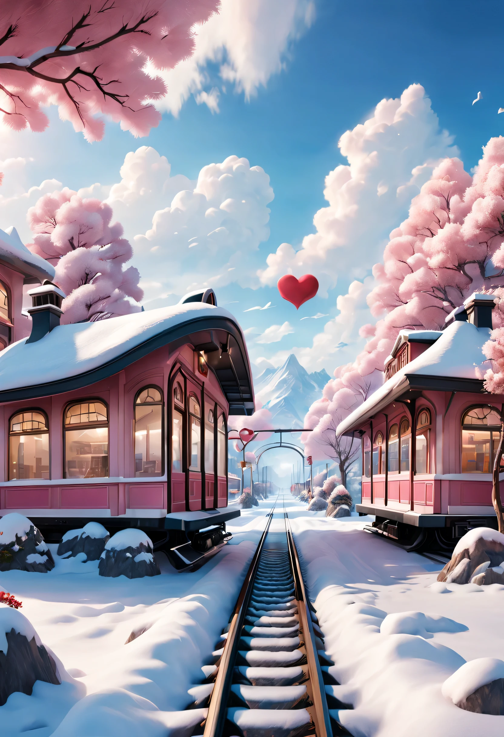 Scene design, Very unified CG design, a beautiful station (Floating train tracks stretch from ground to sky: 0.85), cloud, snow scene, (Warm pink station building: 0.98), "TRAIN STATION" Letter logo (A station sign stuck in the snow: 0.65), heart shaped love tree, Warm little station buildings on both sides of the signboard, thick snow, Front view, ultra wide angle lens, 8k, Ultra-clear, actual, Romantic, heavenly atmosphere, fantasy,