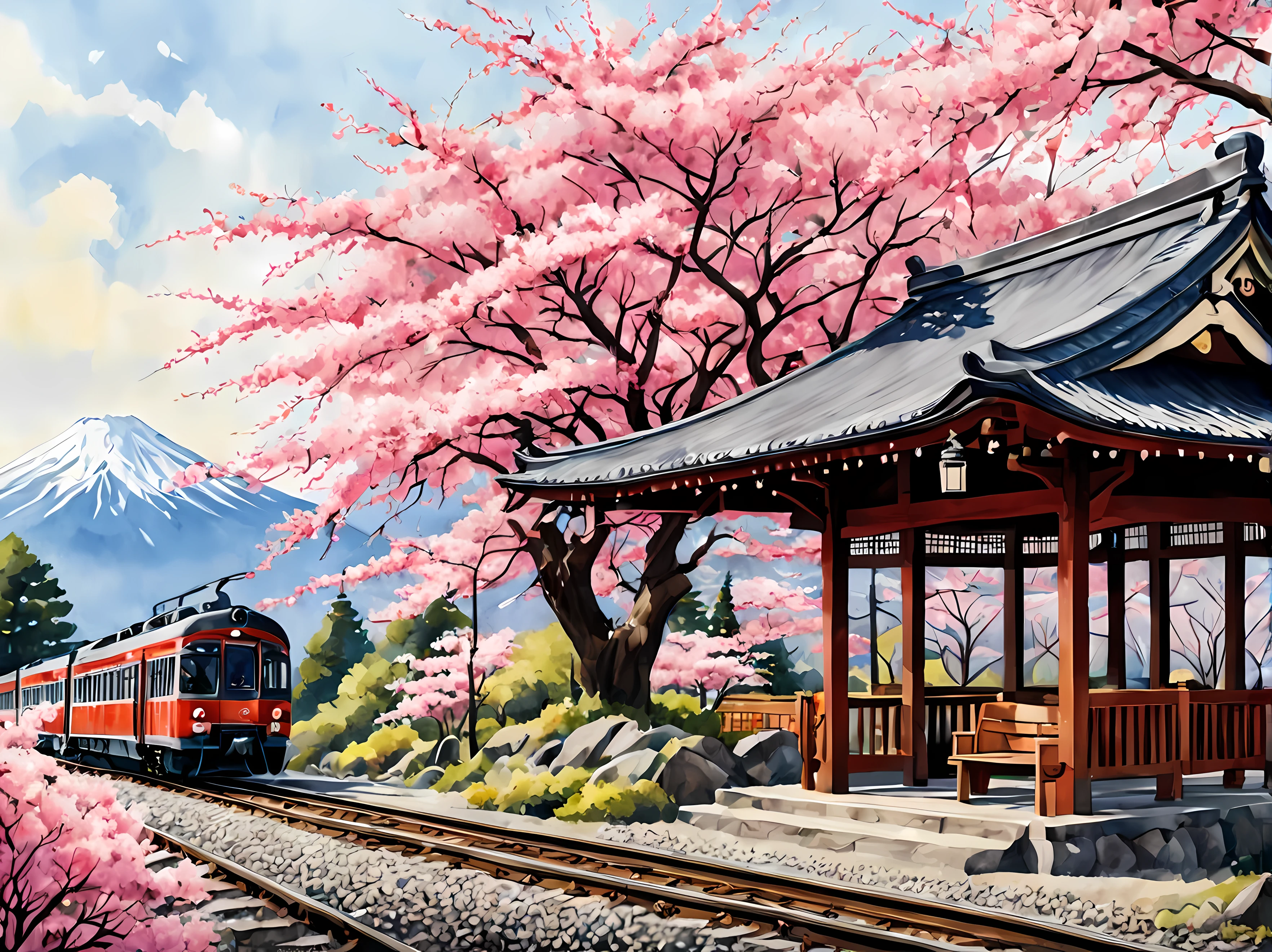 Une aquarelle captivante représentant une gare japonaise par une journée de printemps ensoleillée, entouré d&#39;arbres Sakura en fleurs, éléments traditionnels comme des lanternes et des bancs en bois, le mont Fuji en arrière-plan, passagers en tenue traditionnelle, Chef-d&#39;œuvre en résolution maximale de 16K, Superbe qualité. | ((Plus_détail))
