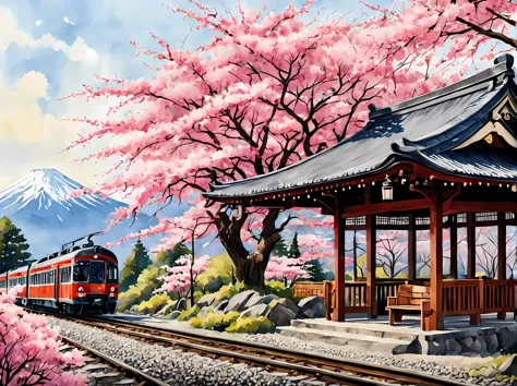 A captivating watercolor painting of a Japanese train station on a sunny spring day, surrounded by blooming Sakura trees, tradit...