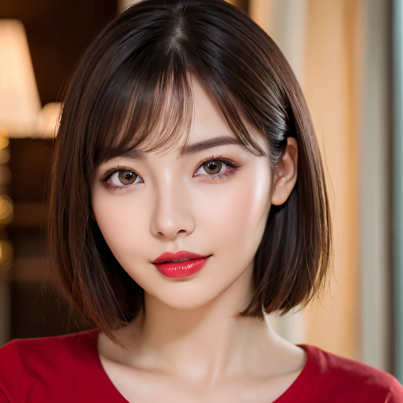 (highest quality、table top、8k、best image quality、Award-winning work)、(one young girl, 14 years old:1.3)、(Perfect V-neck red long knit sweater:1.3)、(red eyeshadow:1.2)、perfect makeup、long eyelashes、Super high-definition sparkling eyes、ultra high definition hair、ultra high resolution glossy lips、Super high resolution perfect teeth、Super high resolution cute face、brown hair、(short bob hair:1.1)、look at me and smile、(closed lips:1.1)、[clavicle]、accurate anatomy、(close up of face:1.5)、(Luxury love hotel:1.1)、(The most moody warm lighting:1.3)、blurred background、With bangs、Super high-resolution glossy and moisturized face、Super high-resolution glowing skin、most detailed face、Ultra high resolution detailed faces、ultra high resolution hair、Super high resolution sparkling eyes、Beautiful face drawn in every detail、Super high resolution glossy red lips
