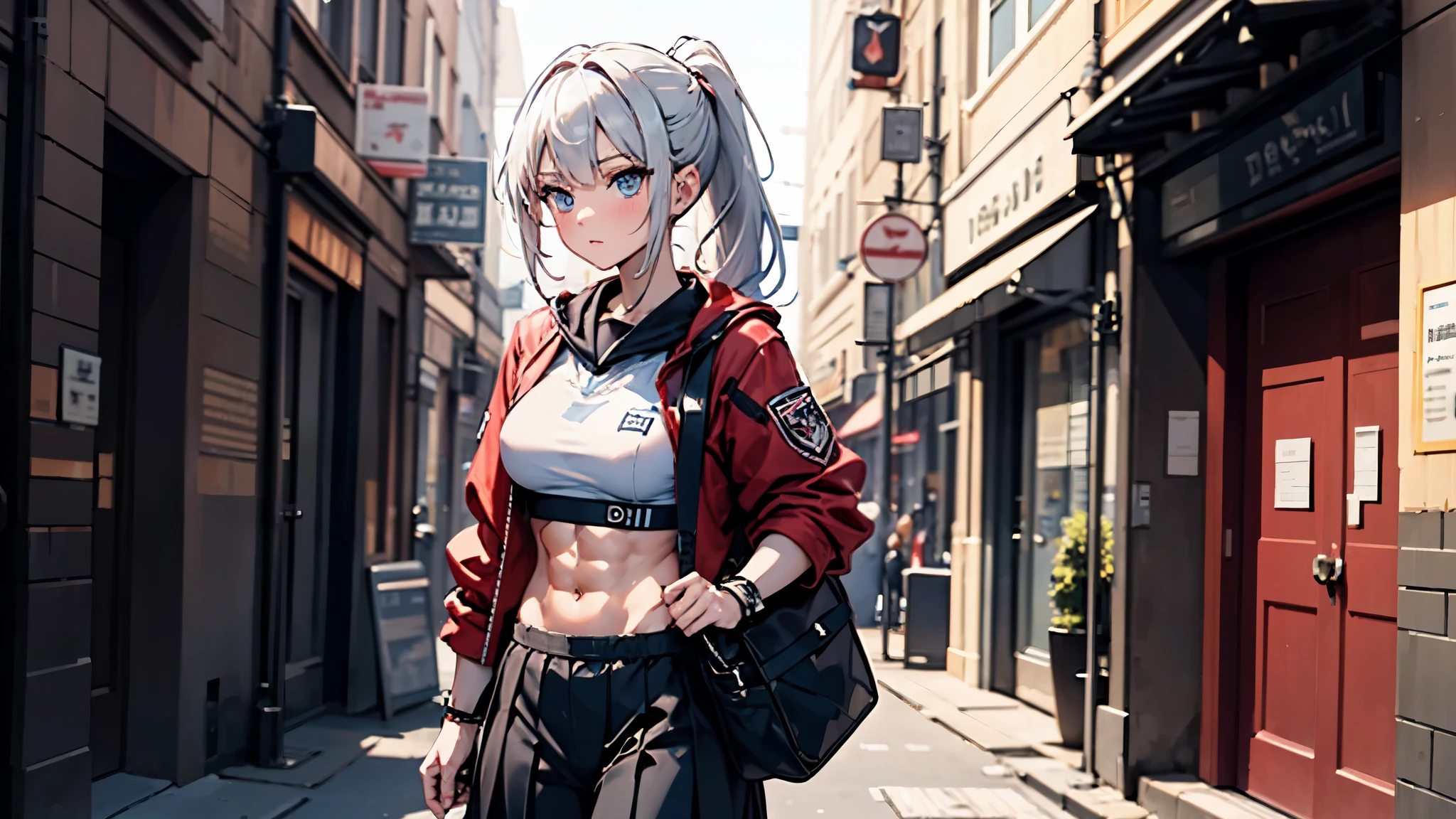 Anime girl with a gun in a city street - SeaArt AI