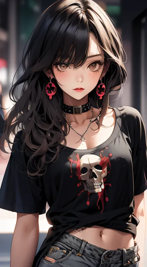 masterpiece, highest quality, pixiv, cool girl, the strongest pirate girl, skull fashion, dark brown hair, curly hair, dull bang...