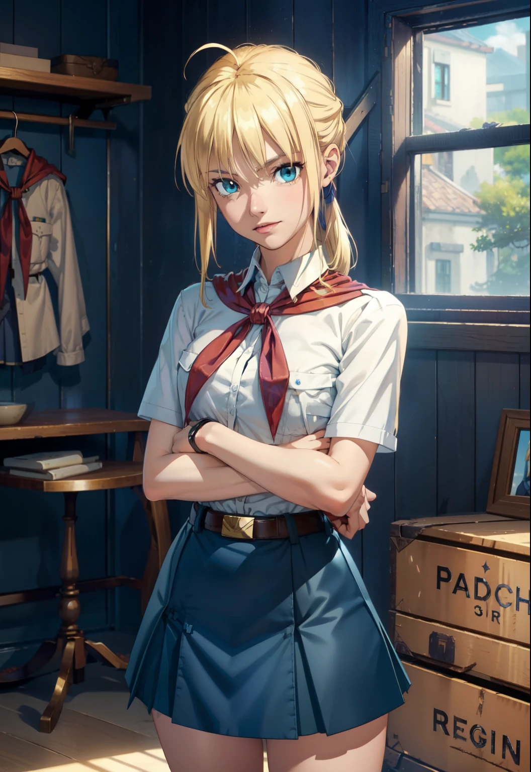 very young slim fit girl, full height, (blonde hair:1.2), big blue eyes, shy smile, perfect flat breast, pioneer neckerchief, short tight blue pleated skirt, bangs, tight white shirt, short sleeves, collared shirt, belt, (red neckerchief:1.3), breast pocket, white wall, artoria pendragon \(fate\) 