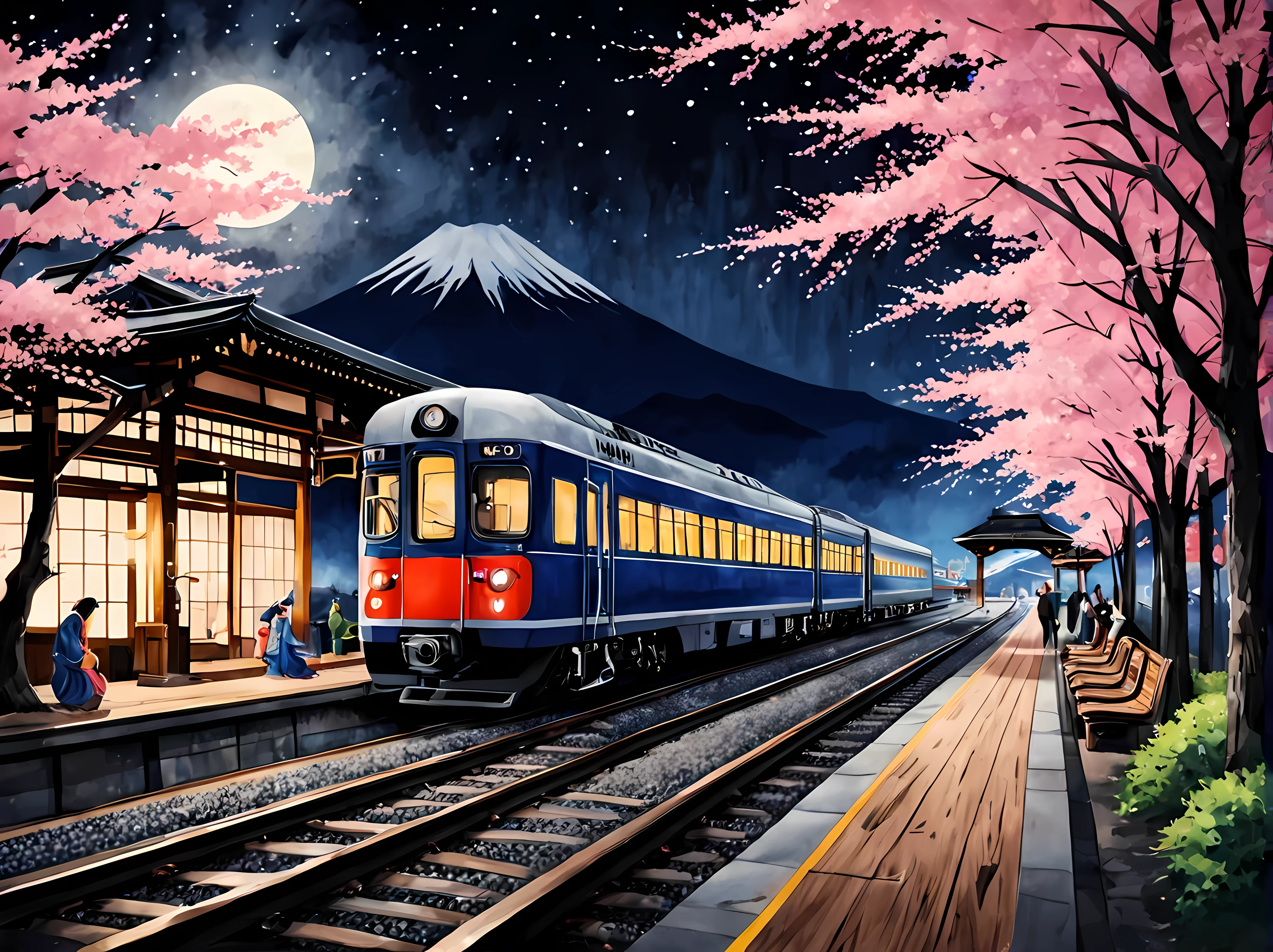 満月の夜、星が輝く春の日本の駅を描いた魅力的な水彩画, プラットフォームに停まっている洗練された未来的な電車, 桜の木に囲まれて, 提灯や木製のベンチなどの伝統的な要素, 背景には富士山, 伝統衣装を着た乗客, 最大16K解像度の傑作, 素晴らしい品質. | ((もっと_詳細))