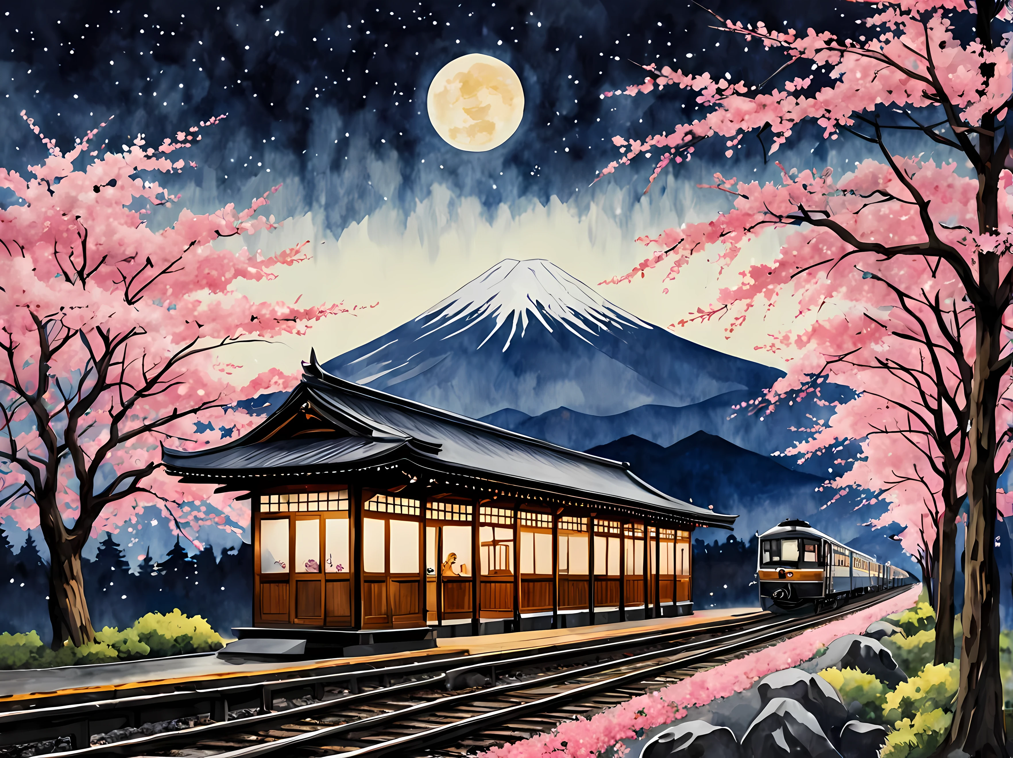A captivating watercolor painting of a Japanese train station on a night spring starry night with a full moon, surrounded by blooming Sakura trees, traditional elements like lanterns and wooden benches, Mount Fuji in the background, passengers in traditional attire, masterpiece in maximum 16K resolution, superb quality. | ((More_Detail))