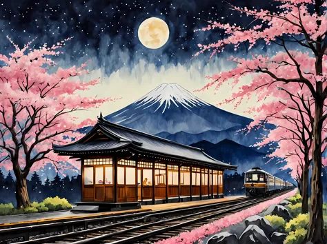 A captivating watercolor painting of a Japanese train station on a night spring starry night with a full moon, surrounded by blo...