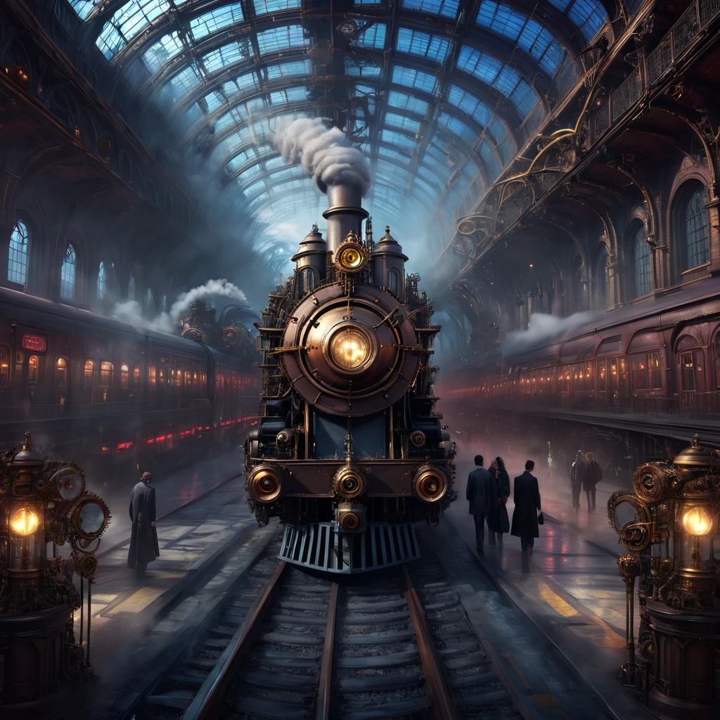 hohe Auflösung, gute Qualität, Meisterwerk. Steampunk Gothic train station digital art, Verflechtung der Ästhetik von Harry Potter und Dark Beginnings, umhüllt von großen Skulpturen, die an die Glasarbeiten von Louis Tiffany und Dale Chihuly erinnern, verziert mit Steampunk-Elementen wie Dampfhydraulik und Zahnrädern, gotische Atmosphäre verstärkt, akribische Hyper-Detaillierung, Oktan-Rendering, 32k Auflösung, Weltraumelemente mit Fluchtpunkt und Eindruck einer Autobahn bei hoher Geschwindigkeit, beeple, Noah Bradley - Ein Lied für die Hölle, Cyril Rolando, unwirkliches Engine-Meisterwerk