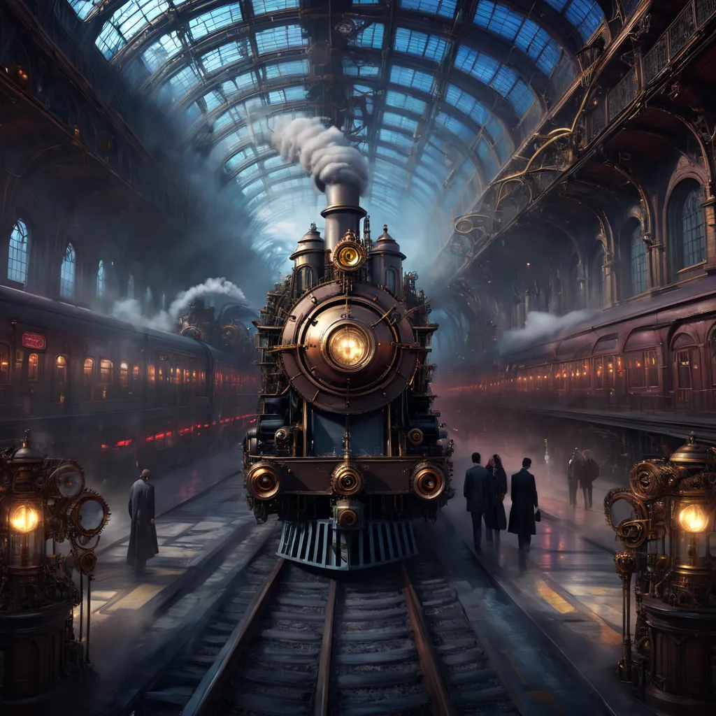 High Resolution, High Quality, Masterpiece. Steampunk Gothic train station digital art, intertwining Harry Potter and Dark Begin...