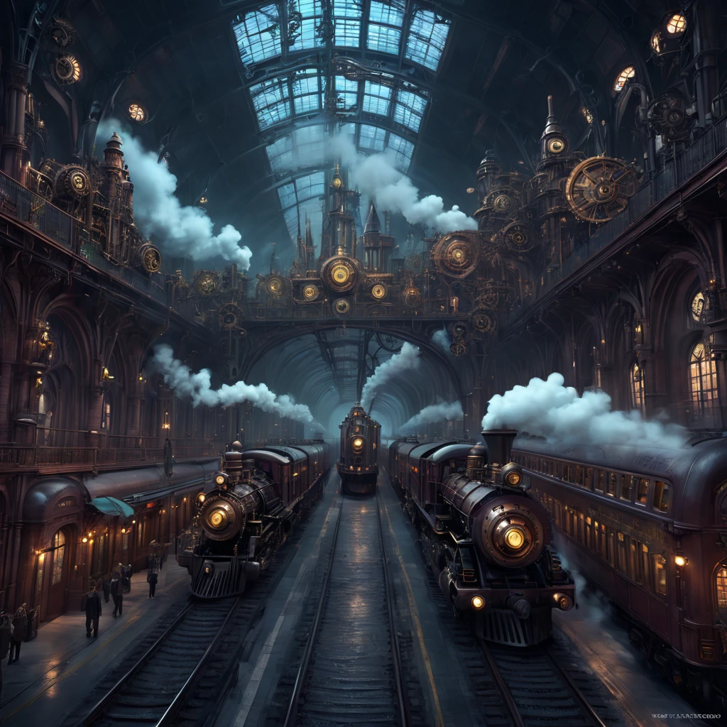 Alta resolução, alta qualidade, obra de arte. Arte digital da estação de trem gótica Steampunk, entrelaçando a estética de Harry Potter e Dark Beginnings, envolto por grandes esculturas que lembram os trabalhos em vidro de Louis Tiffany e Dale Chihuly, embelezado com elementos steampunk, como hidráulica a vapor e engrenagens, ambiente gótico intensificado, hiper-detalhamento meticuloso, renderização de octanas, Resolução de 32k, elementos do espaço sideral incorporando ponto de fuga e impressão de uma superestrada em alta velocidade, Besouro, Noah Bradley, Cirilo Rolando, obra-prima irreal do motor