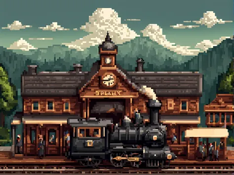 Pixel art, a captivating scene of a vintage train station with an old-fashioned steam locomotive, the Victorian-era architecture...
