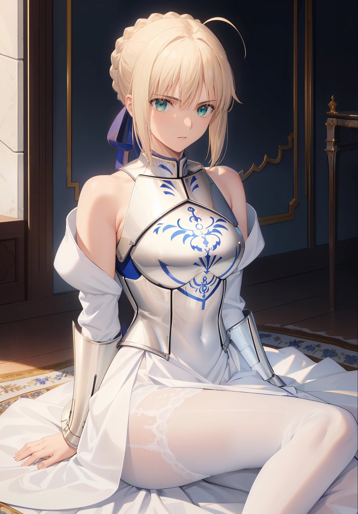 La mejor calidad, Obra maestra,phSaber, phAltoria, 1girl, solamente, Trenza francesa, resplandeciente, Hair bun, Parte superior del cuerpo, white luxury bra,white luxury panties,white luxury pantyhose,green eyes,blue armor dress,leg armor,shoulder armor,breast armor,arms armor,luxury blue armor 