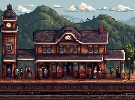 Pixel art, a captivating scene of a vintage train station, the Victorian-era architecture, wooden platform, a beautiful backdrop...