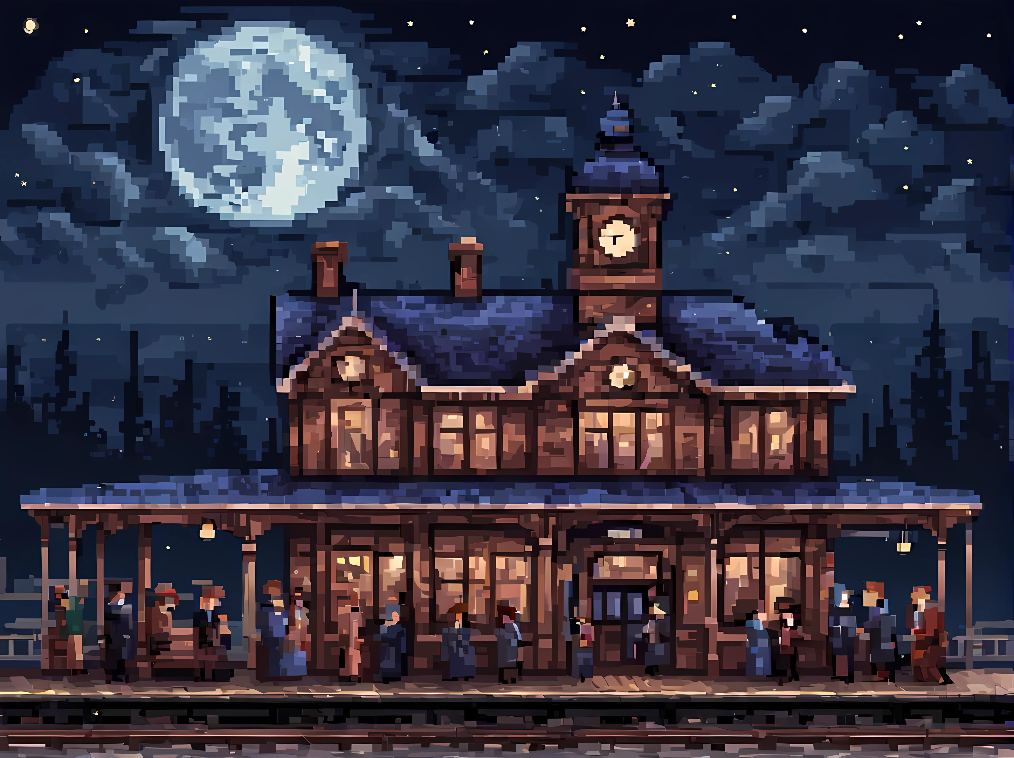 Pixel art, a captivating scene of a vintage train station at starry night with a full moon, the Victorian-era architecture, wooden platform, a beautiful backdrop with rolling hills, passengers boarding the train, nostalgic ambiance, masterpiece in maximum 16K resolution, superb quality. | ((More_Detail))