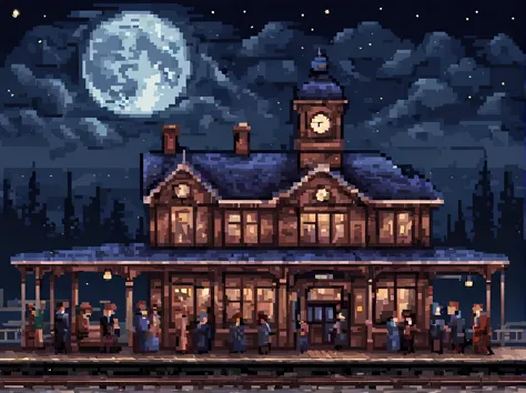 Pixel art, a captivating scene of a vintage train station at starry night with a full moon, the Victorian-era architecture, wood...