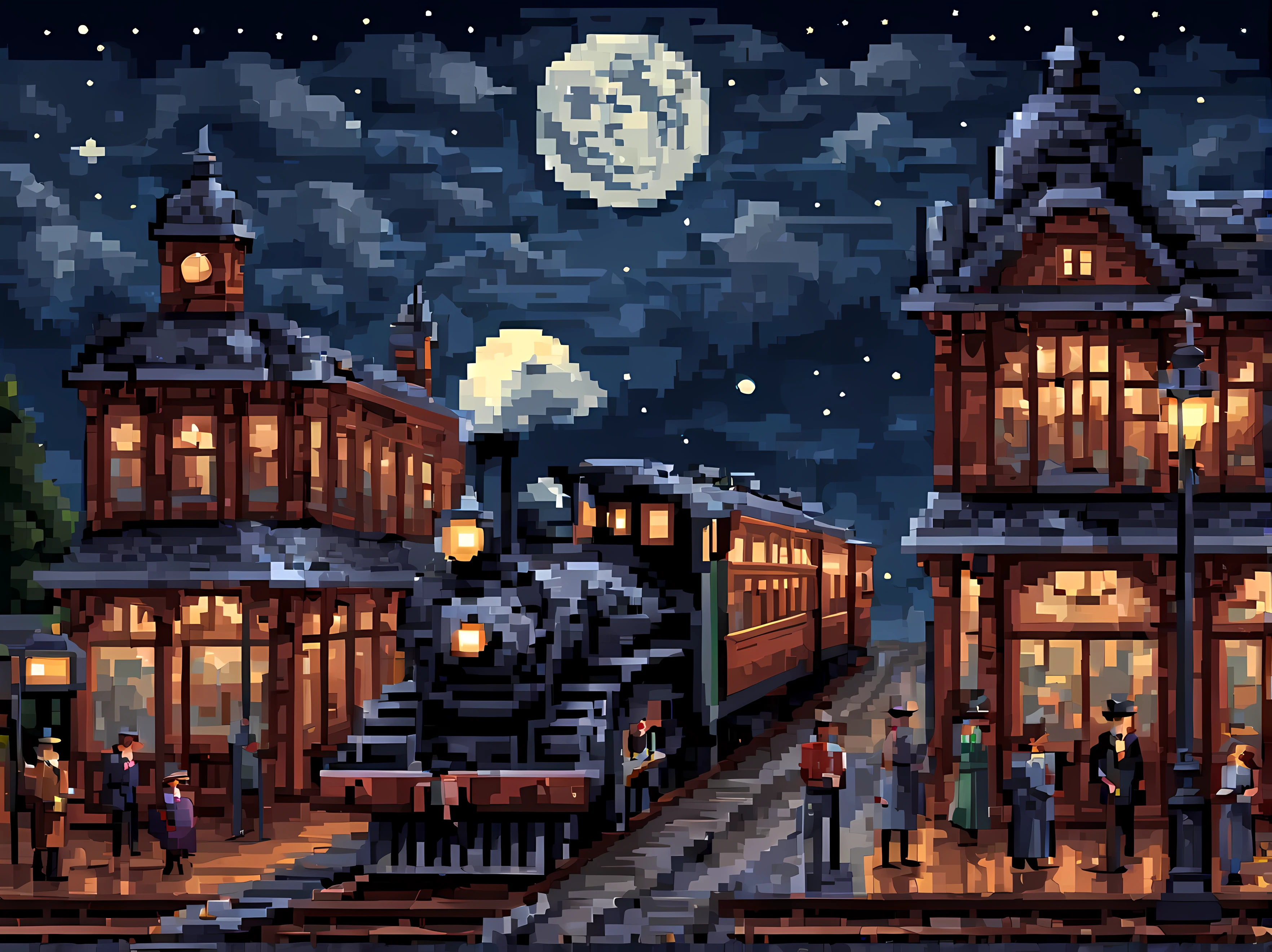 Pixel art, une scène captivante d&#39;une gare d&#39;époque avec une locomotive à vapeur à l&#39;ancienne, la nuit étoilée avec la pleine lune, l&#39;architecture de l&#39;époque victorienne, plateforme en bois, une belle toile de fond avec des collines, passagers montant à bord du train, ambiance nostalgique, Chef-d&#39;œuvre en résolution maximale de 16K, Superbe qualité. | ((Plus_détail))