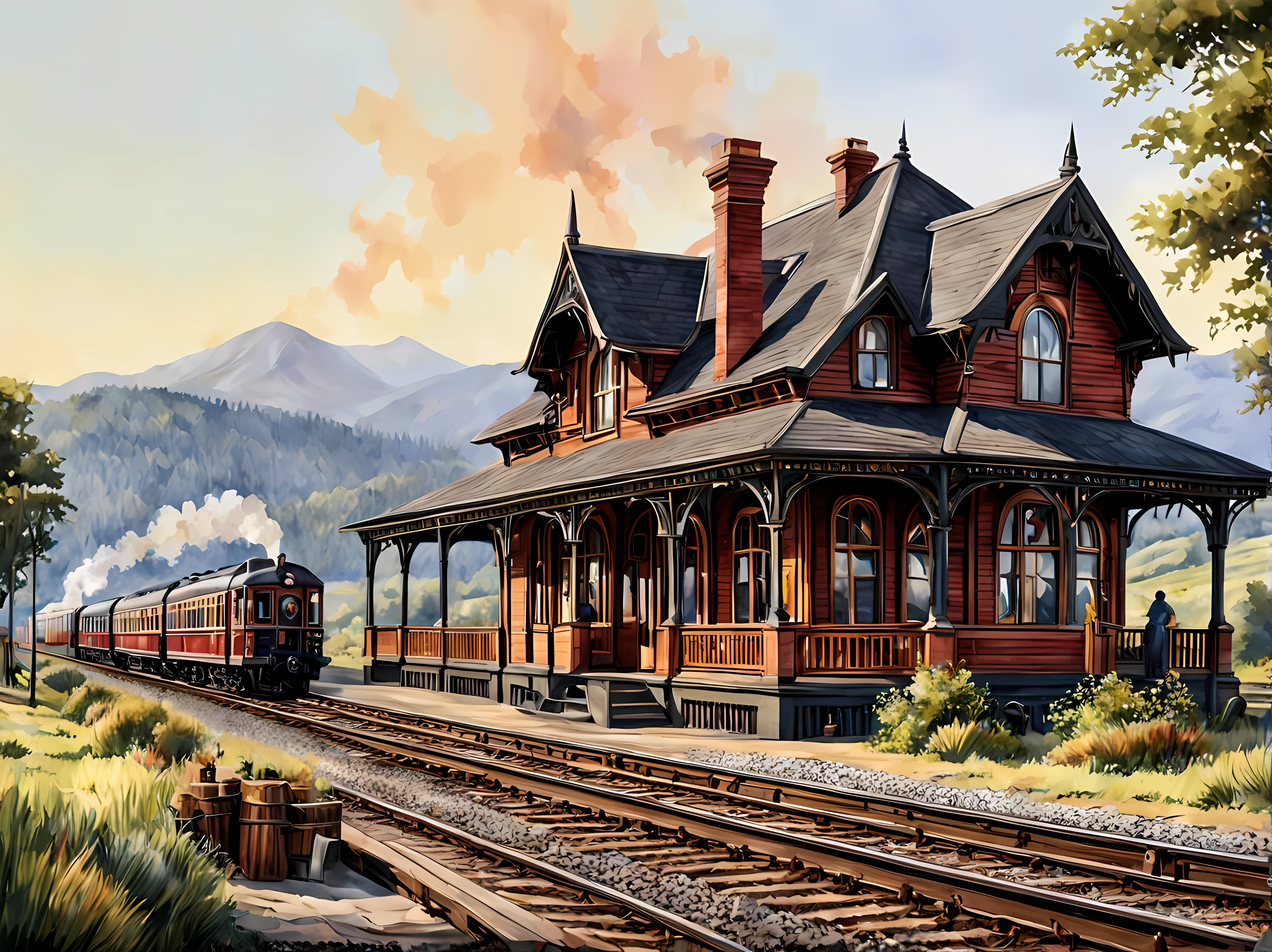 一幅迷人的復古火車站水彩畫, 維多利亞時代的建築, 木質平台, 美麗的背景和起伏的山丘, 登上火車的乘客, 懷舊的氛圍, 最高 16K 分辨率的杰作, 卓越品质. | ((更多的_細節))