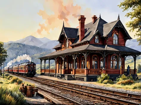 A captivating watercolor painting of a vintage train station, the Victorian-era architecture, wooden platform, a beautiful backd...