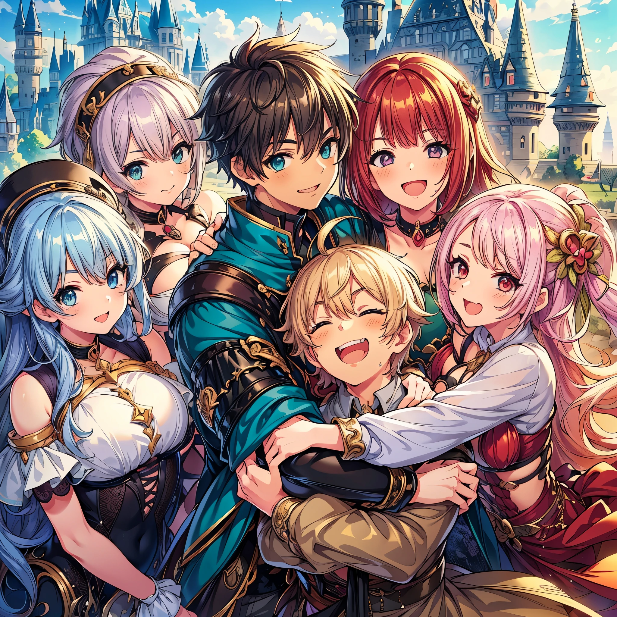 (masterpiece), best quality, In fantasy word, There are 5 different characters, ((4 pretty lady in different type of job and different hair style and different hair color embracing a youth boy)), they hugging together, smirk_boy, colorful, smile, background is a castle