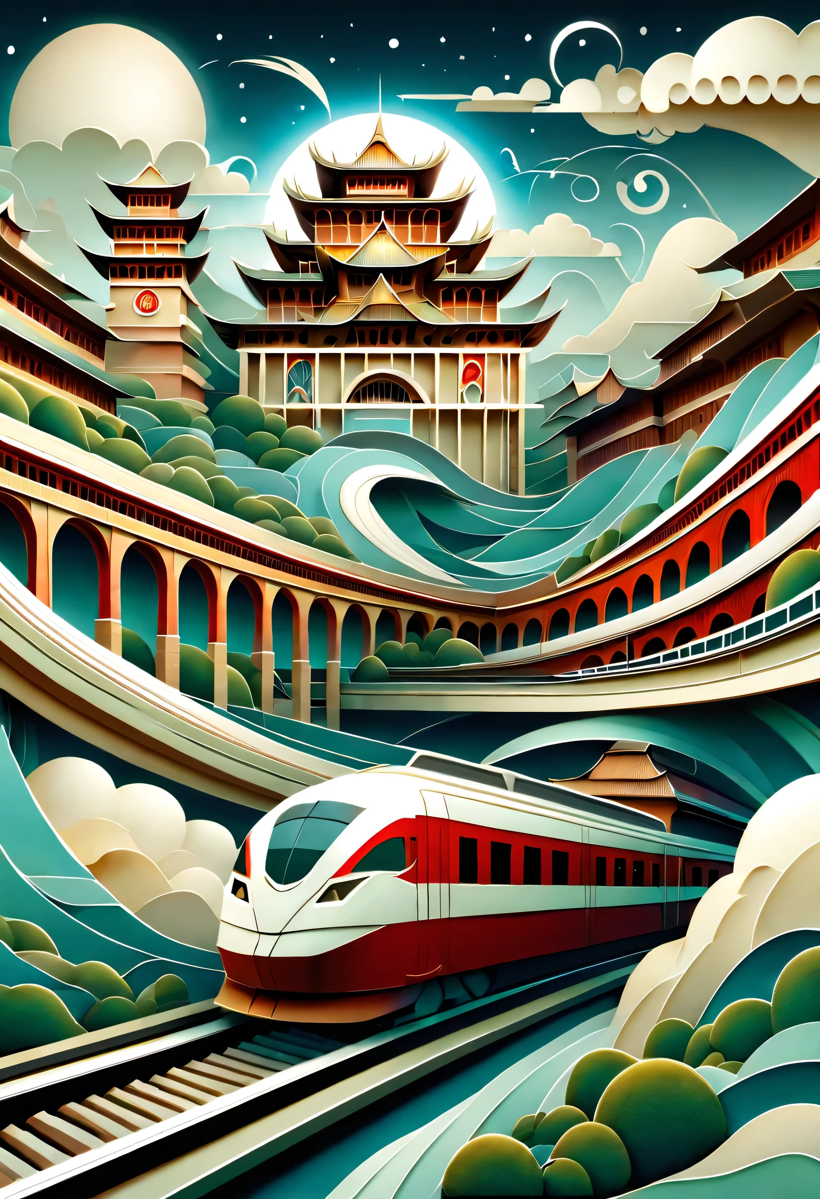 digital illustration，flat style，flat，Paper-cut art，layered，stack，digital illustration，flat style，flatplatform，magical station。The train arrives，platform，ancient building，curved track，Extra long red train station，train circling in the sky：1.37，By the train：1.37，advanced，Clean，neat，