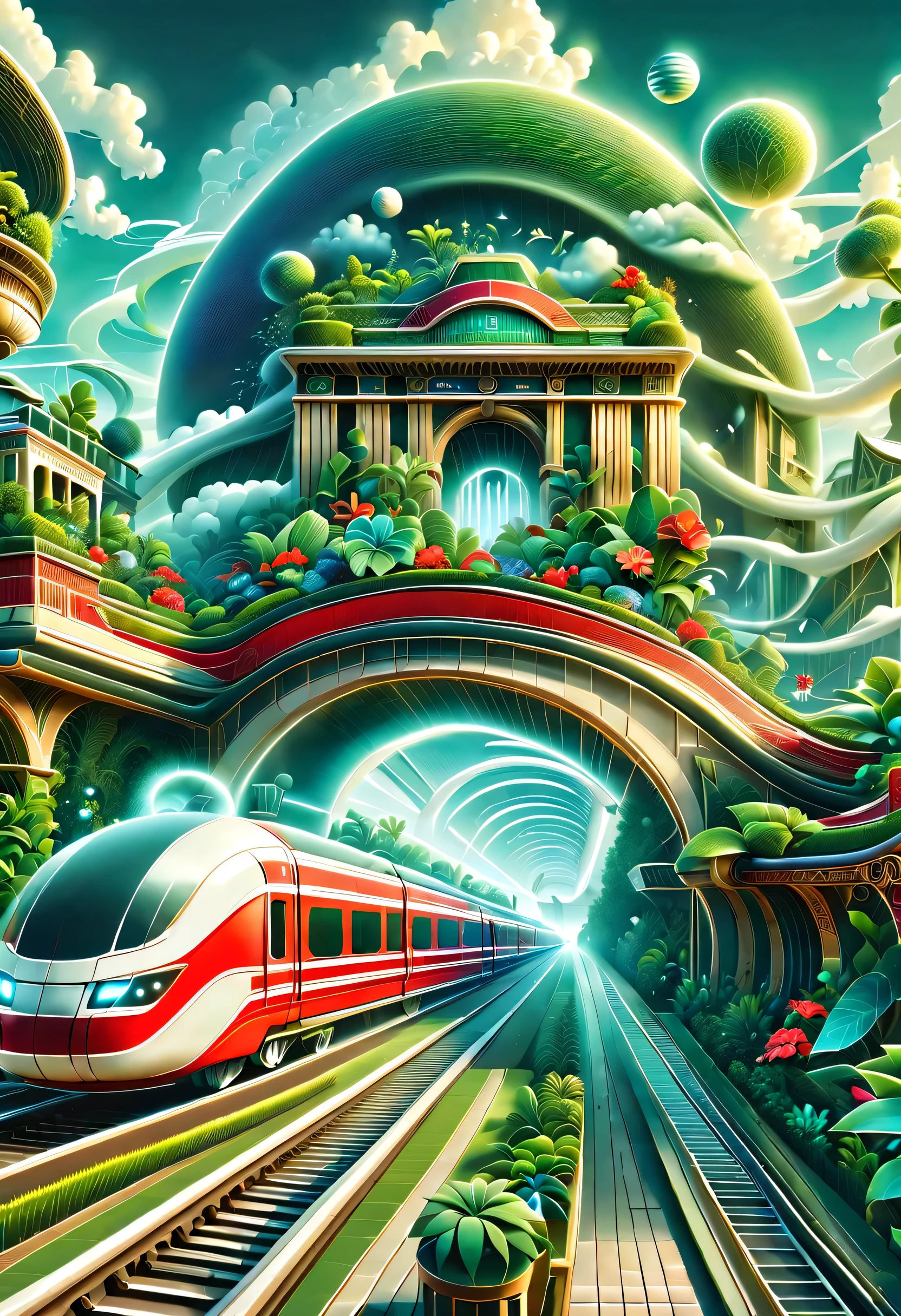 digital illustration，flat style，flat，3d，platform，magical station。The train arrives，platform，ancient building，curved track，Extra long red train station，By the train：1.37，Air orbit，transparent train，A train full of plants，high-end，advanced，Clean，neat，