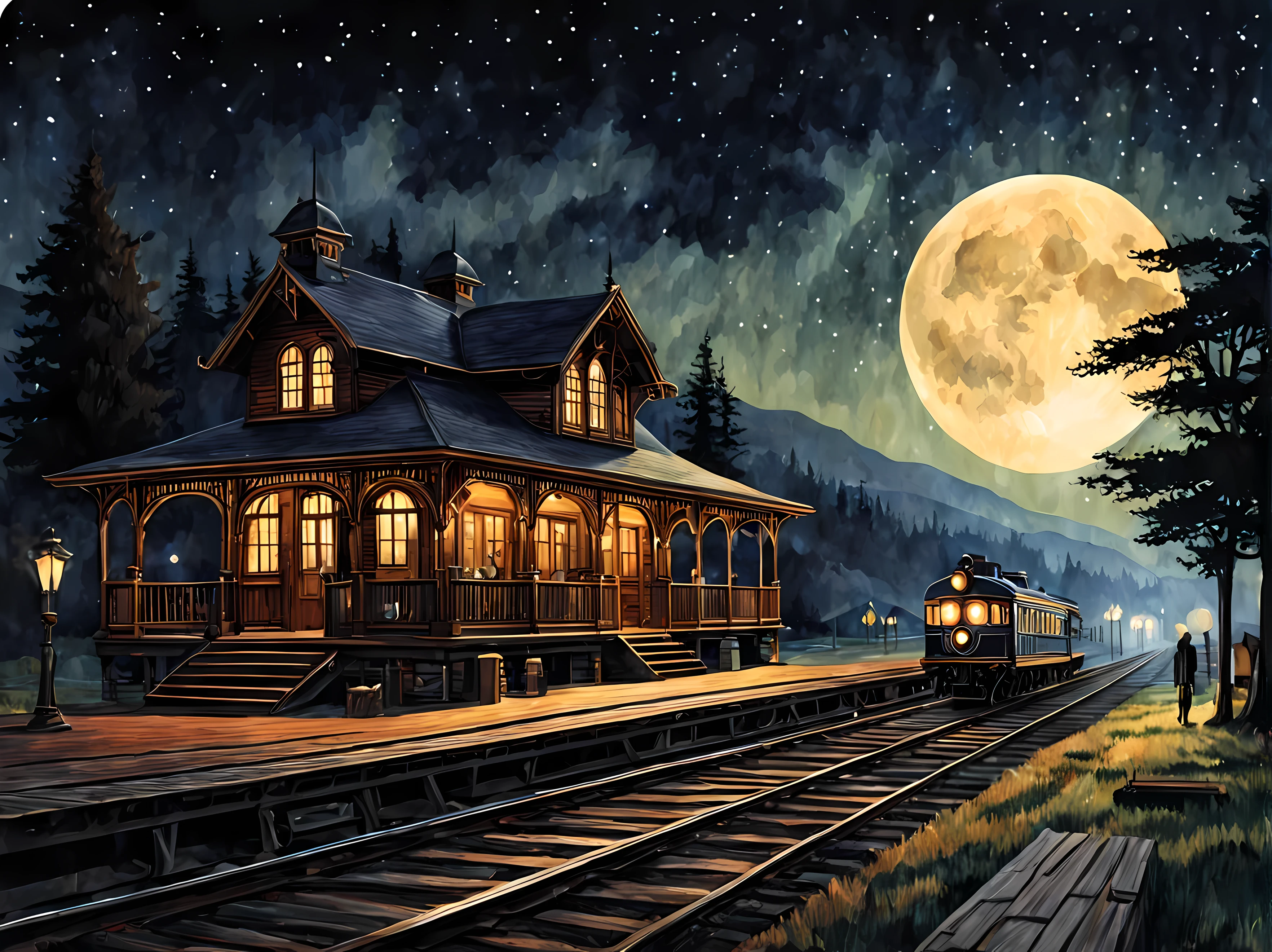 一幅迷人的復古火車站水彩畫, 滿月星夜, 維多利亞時代的建築, 木質平台, 美麗的背景和起伏的山丘, 登上火車的乘客, 懷舊的氛圍, 最高 16K 分辨率的杰作, 卓越品质. | ((更多的_細節))