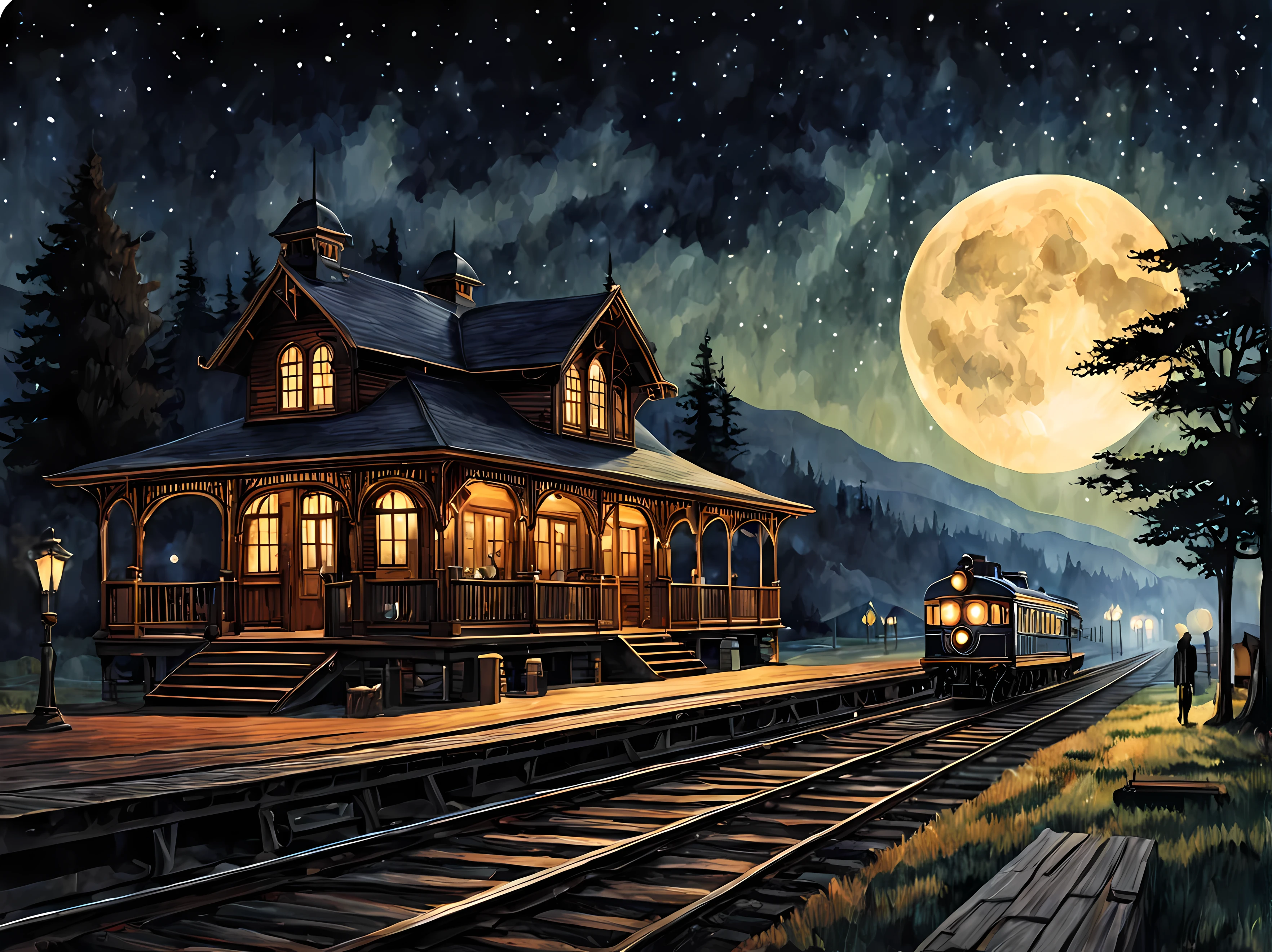 Una cautivadora pintura en acuarela de una estación de tren antigua., en una noche estrellada con luna llena, la arquitectura de la época victoriana, plataforma de madera, un hermoso telón de fondo con colinas, pasajeros subiendo al tren, ambiente nostálgico, Obra maestra en resolución máxima de 16K, Excelente calidad. | ((más_detalle))