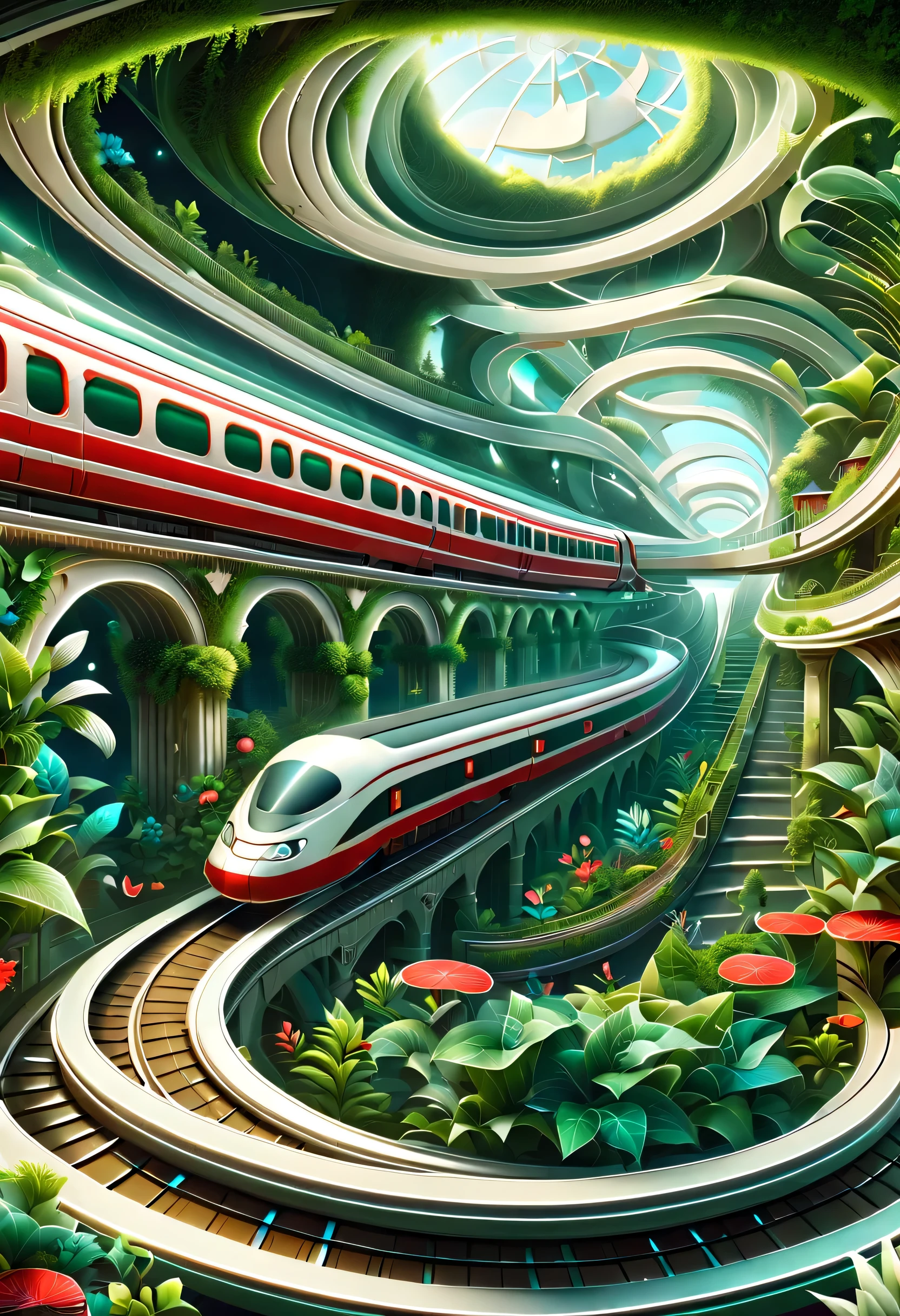 digital illustration，flat style，flat，3d，platform，magical station。The train arrives，platform，ancient building，curved track，Extra long red train station，By the train：1.37，Air orbit，transparent train，A train full of plants，high-end，advanced，Clean，neat，