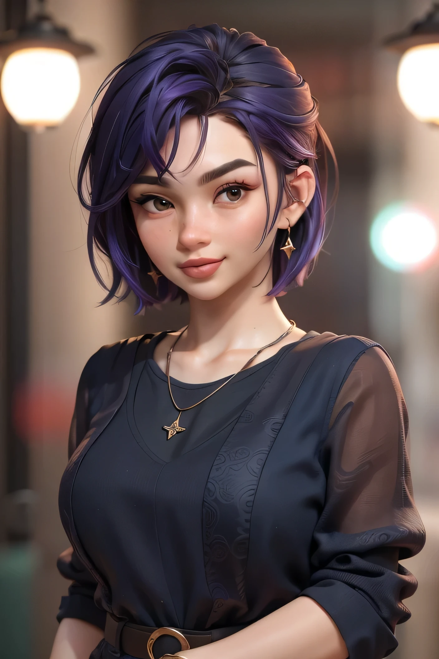 masterpiece, best quality, 3d rending work, 3DMM style, close-up, portrait, 3d, solo, purple hair, necklace, freckles, jewelry, two-tone hair, looking to the side, realistic, upper body, coffee shop and rainy outside background, bangs, looking away, ultra short hair, lips parted, brown eyes, lips, makeup, mole, suit