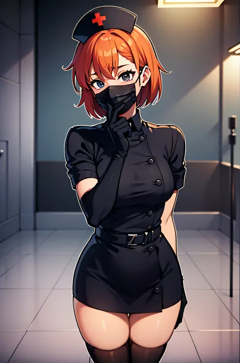 black nurse, 1 girl, alone, black nurse cap, Blackware, ((black legwear, zettai ryouiki)), black elbow gloves, very short hair, ...