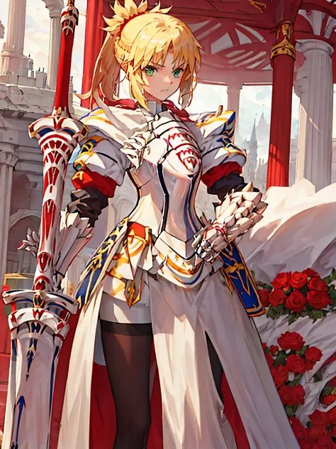 ((1girl)), (((saber))),saber of red, mordred, fate, wearing armour, holding sword, claymore weapon, red lightning effect, blonde...