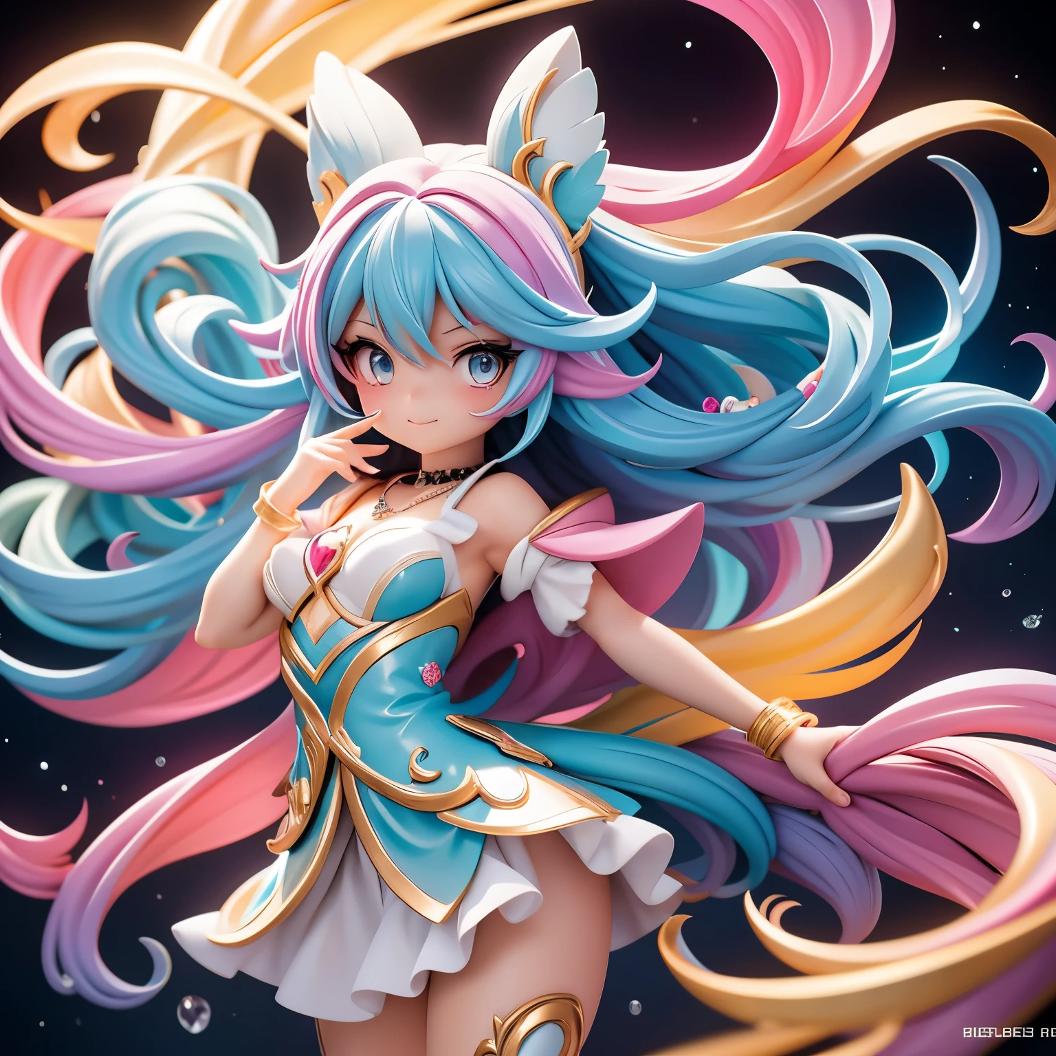 Close-up of a woman with rich and colorful hair and necklace, Cosmic hair anime girl, The soft vibrancy of Rossdraws, Gouves style artwork, fantasy art style, rich and colorful], Vibrant fantasy style, Rossdraws cartoons are vibrant, cosmic and rich and colorful, guweiz, rich and colorful digital fantasy art, Stunning art style, Beautiful anime style, White skin, chivalrous costume,