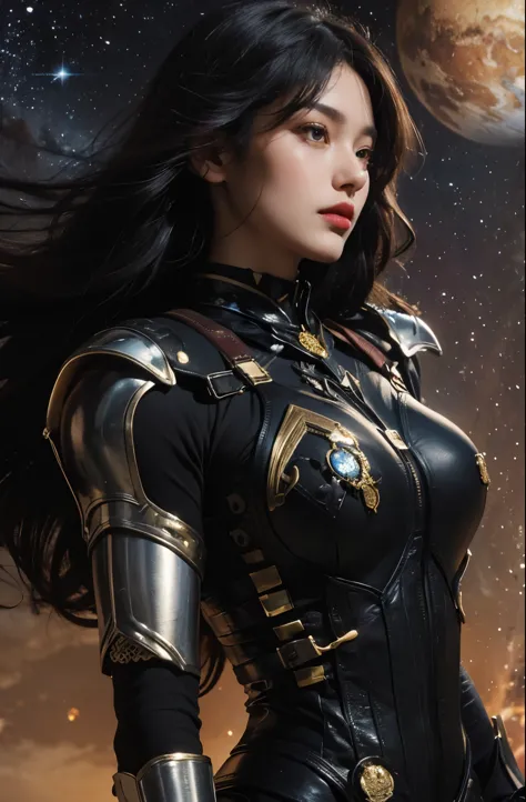 upper body close-up image.a beautiful woman. 20s. black hair. she wears a metallic black battle uniform. there is something on h...