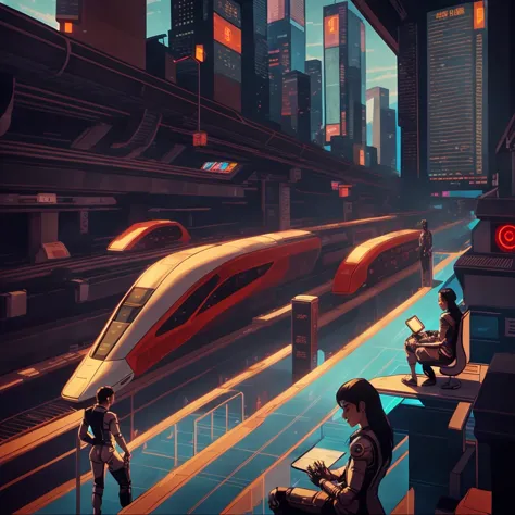 train and people waiting for the next train々futuristic cityscape with, futuristic cyber subway station, Cyberpunk Elevated Train...