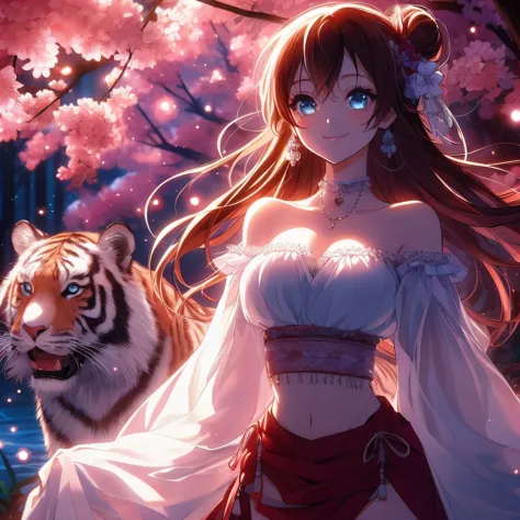 Long-haired blue-eyed anime girl standing next to tiger, anime style 4k, Beautiful anime, hd anime wallpaper, Beautiful anime st...