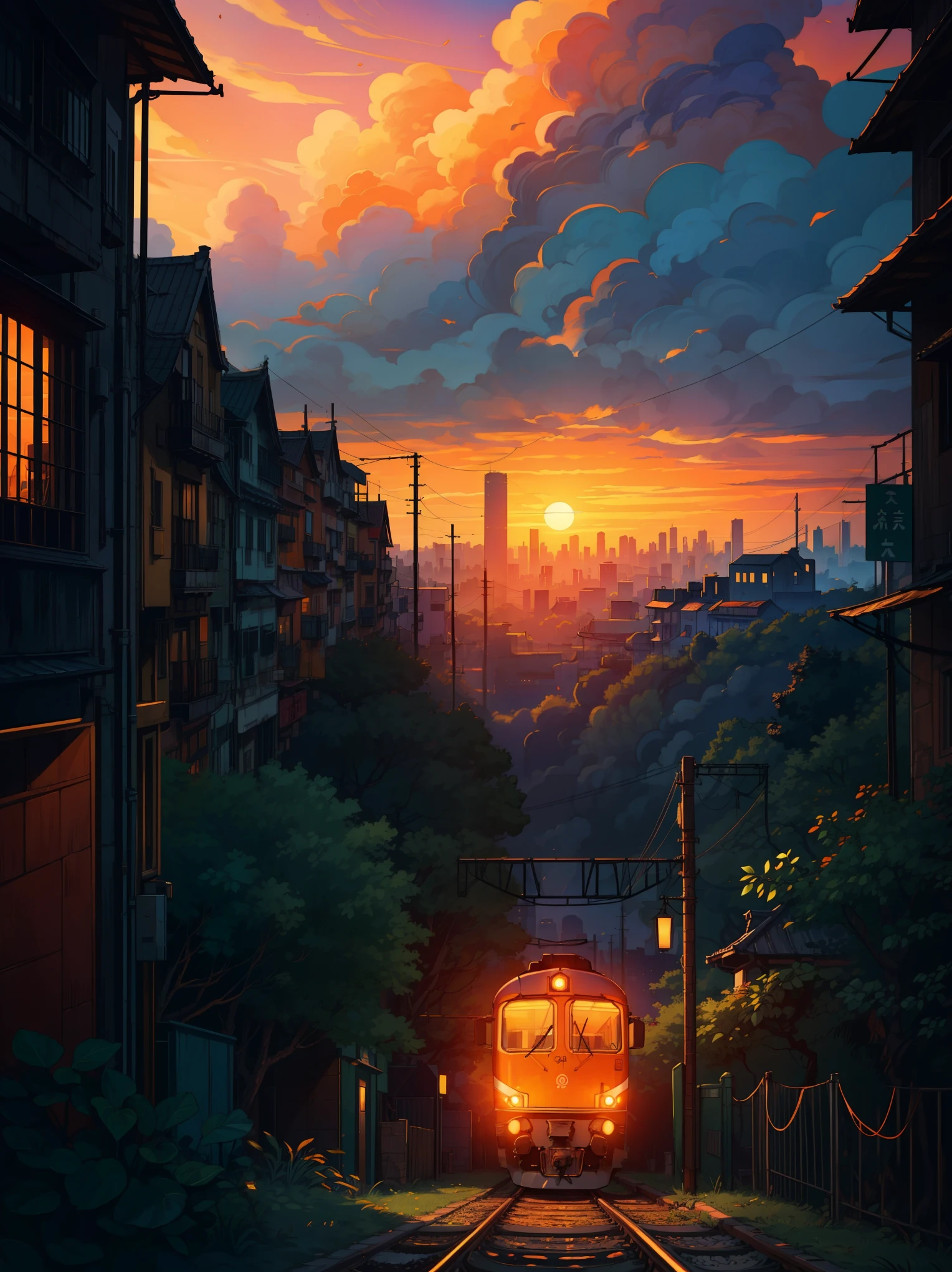 (masterpiece:1), (Full view), (an orange train passing through narrow space in city of Honkong:1.4), (dense green bushes on both sides:1.3), crowded city, (small apartments on both sides:1.1), blue cloudy sky, (Dim volumetric light:1.4), peaceful, (scattered clouds), (sunset scene:1.4), (peaceful environment), beautiful tones, subtle colors, peaceful, no human, (illustration: 1.0), epic composition, realistic lighting, HD details, masterpiece, best quality, (very detailed CG unified 8k wallpaper)