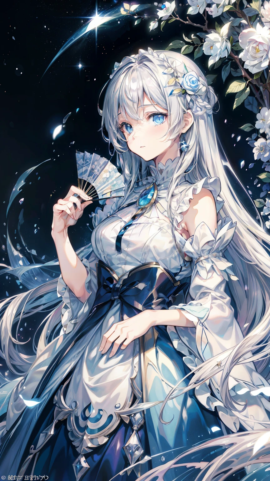 official art, European masterpiece women,, light silver hair , deep blue eyeasterpiece、highest quality、High resolution: 1.4),in 8K, anime art nouveau, Highly detailed exquisite fan art, anime fantasy illustration, clean detailed anime art, detailed anime art, sharp focus of a person, delicate Beautiful Hair and Eyes and Face, realistic, super detailed, flower garden,((delicate, Delicate and cute hands)),((elegant shiny dress)),((lots of races)),((lots of frills)),((lots of ribbons))