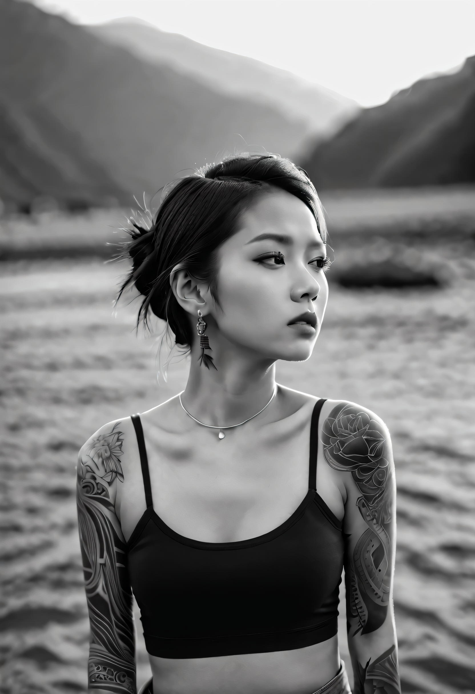 UHD 8k portrait of an attractive single Asian girl with detailed tattoos, detailed, edgy, dramatic, confident, mirrorless, ultra-wide angle, sunset, lifestyle editorial, black and white, high, backlit