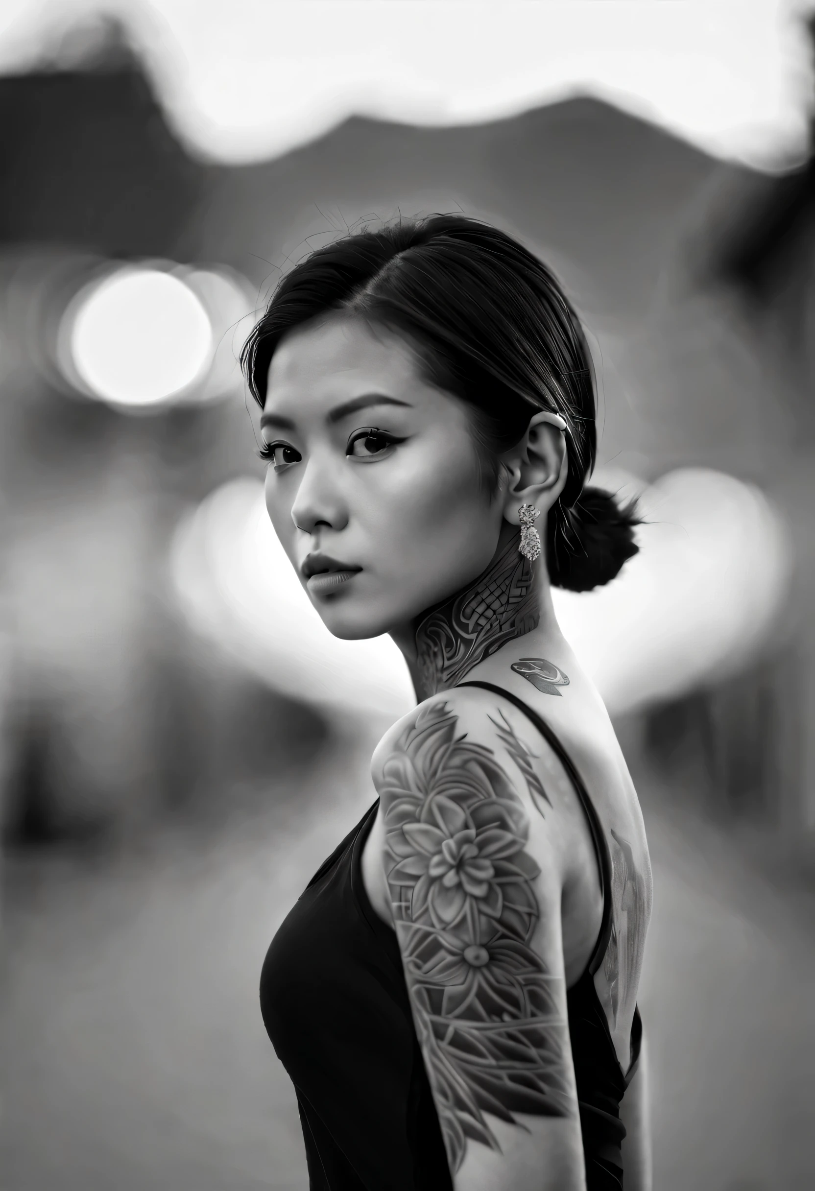 UHD 8k portrait of an attractive single Asian girl with detailed tattoos, detailed, edgy, dramatic, confident, mirrorless, ultra-wide angle, sunset, lifestyle editorial, black and white, high, backlit