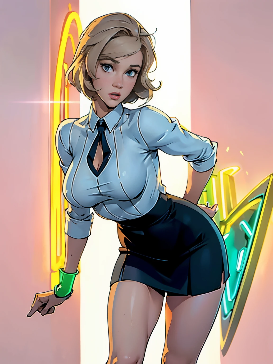 Professional, High level of detail, Full body photo of blonde (attractive 45yo woman:1.3), (classy stylish bob haircut)1.3, gray eyes, (neon red-colored tight opened shirt)1.4, (black skirt and stockings)1.455,natural lighting, (seductive:1.1), (blushing:1.1 ), (classy, elegant, dandy)1.2, (big natural breasts)1.2 (pokies)1.3, (toned body, hourglass body shape) (wipe hips), (full body with visible face and eyes)1.5