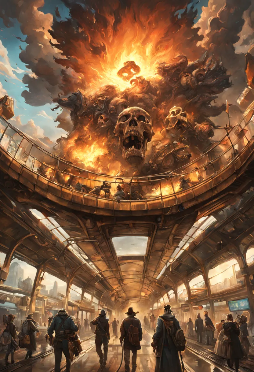 Train Station, aesthetic, HUMAN SKULL FLAMES TRAIN!!!! epic long hyperdetailed SKULL train on fire!!! EXPLOSION, HIGH FLAMeS, WR...